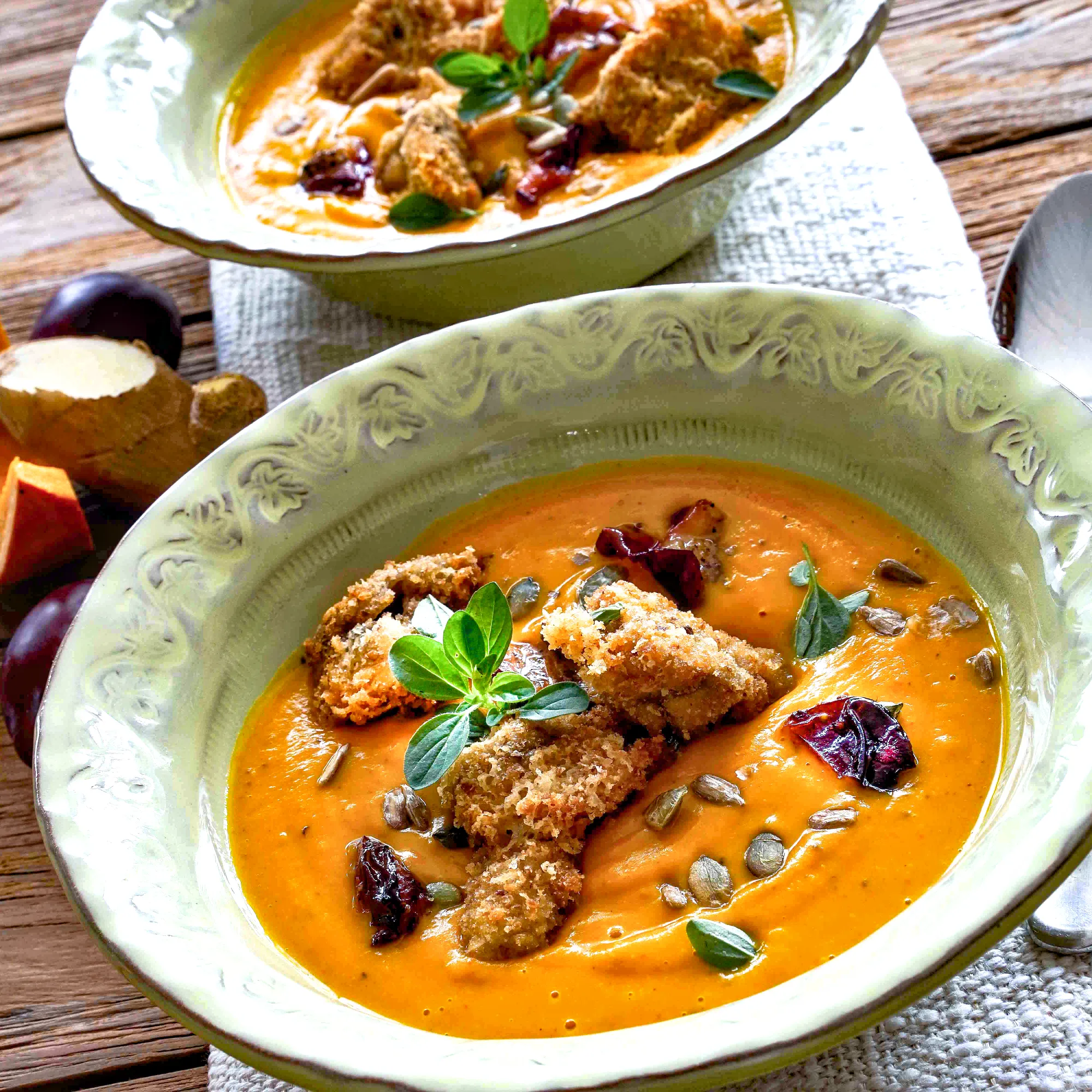 Kürbis-Creme-Suppe mit Zwetschgen und Champignons in einer Käse-Semmelbrösel-Panade gebacken Kürbis-Creme-Suppe mit Zwetschgen und Champignons in einer Käse-Semmelbrösel-Panade gebacken