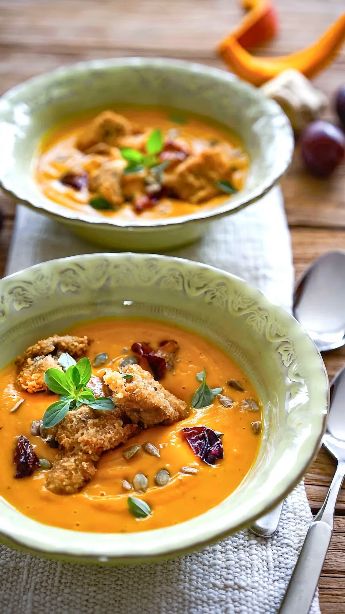 Kürbis-Creme-Suppe mit Zwetschgen und Champignons in einer Käse-Semmelbrösel-Panade gebacken